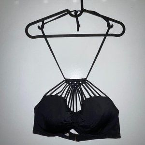 Shade & Shore Black High Neck Macrame Lightly Lined Underwire Bikini Top 34D